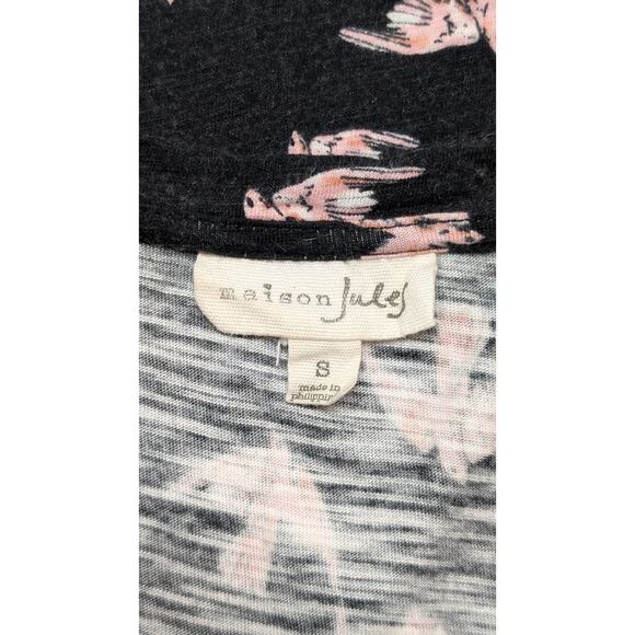 Maison Jules Black Bird Print V-Neck T-Shirt Casual Short Sleeve Top Small - Picture 4 of 5